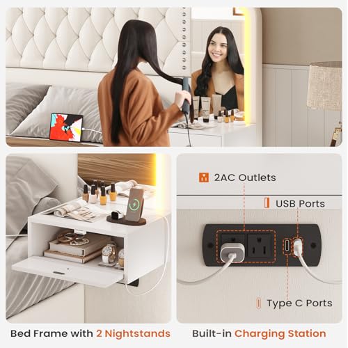Queen Bed Frame with Tall Headboard and 4 Storage Drawers, White O2091