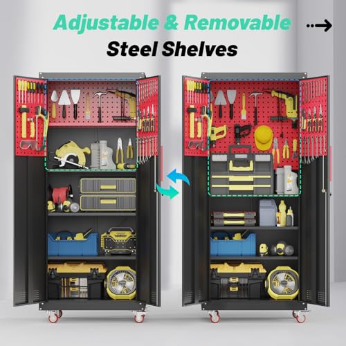 Lockable Metal Garage Storage Cabinet with Wheels and Workbench P6280