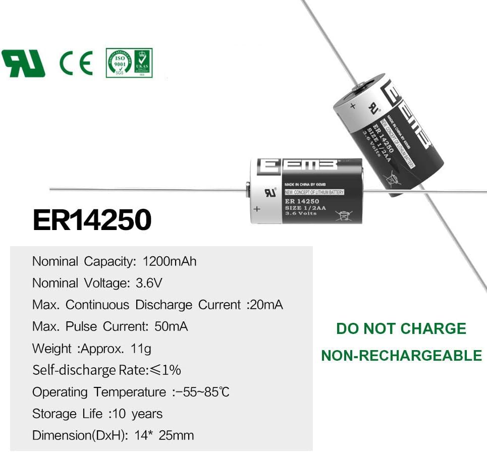 ER14250 Nonrechargeable 3.6V Lithium Battery Li-SOCL₂ 1/2 AA Size 1200mAh Q342820