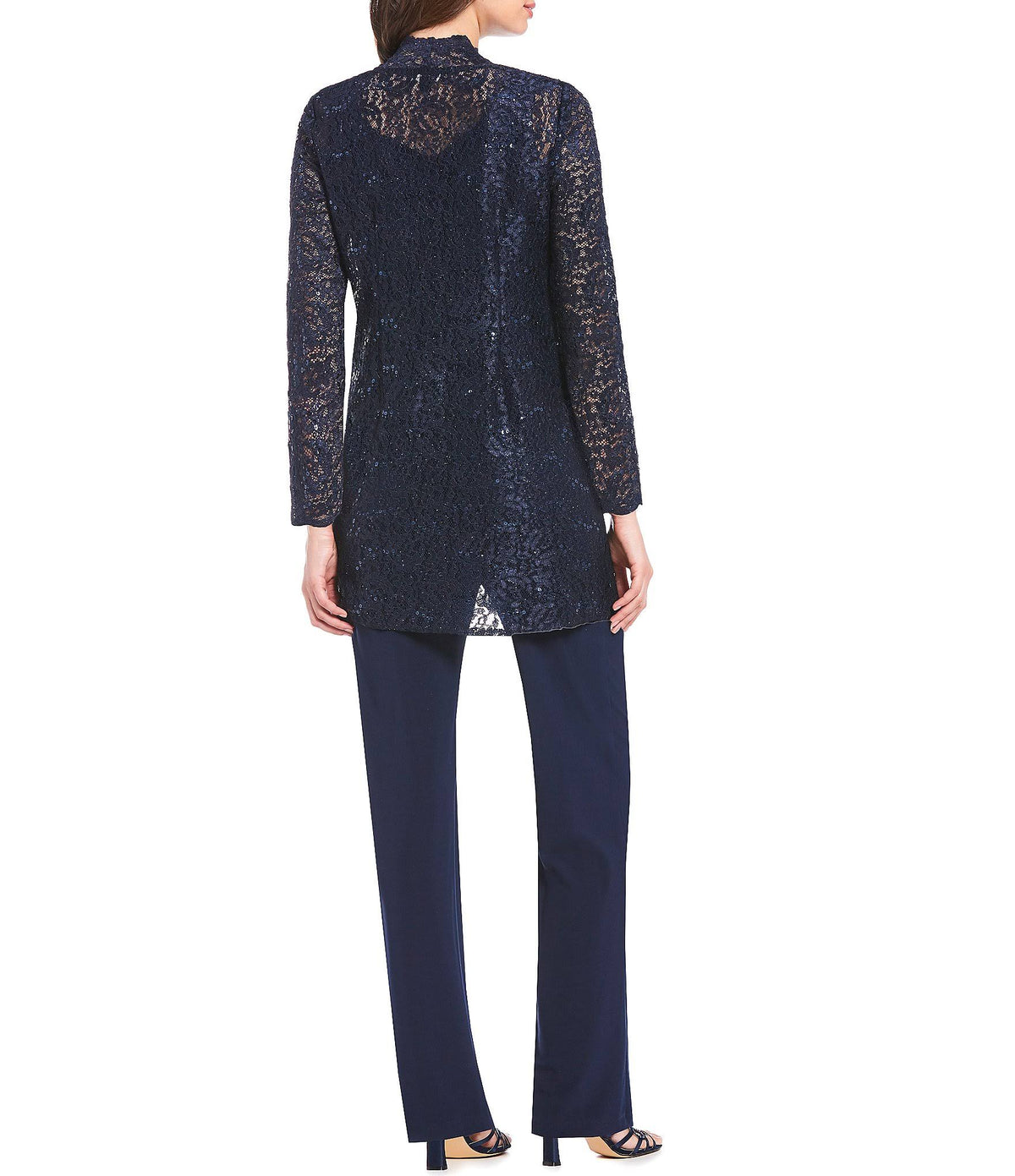 3-Piece Sequin Glitter Scallop Lace Duster Pant Set Q716