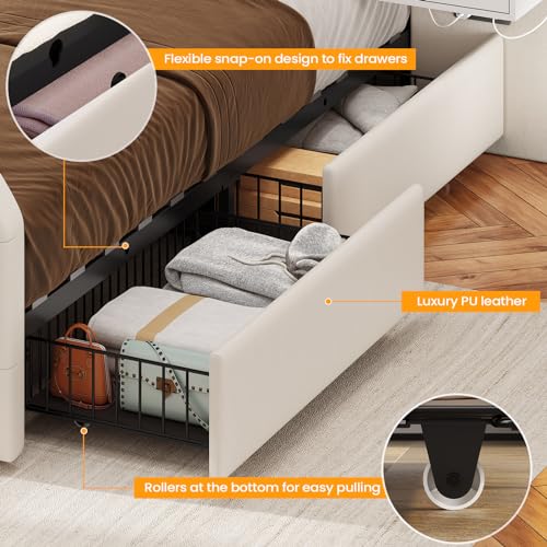 Queen Bed Frame with Tall Headboard and 4 Storage Drawers, White O2091