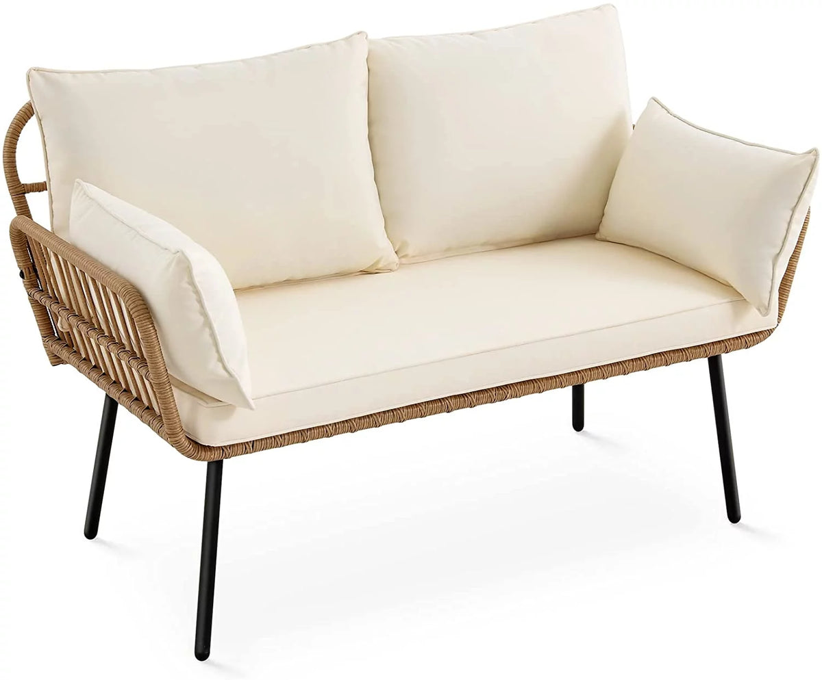 Wicker Loveseat Sofa with Beige Cushions E247338