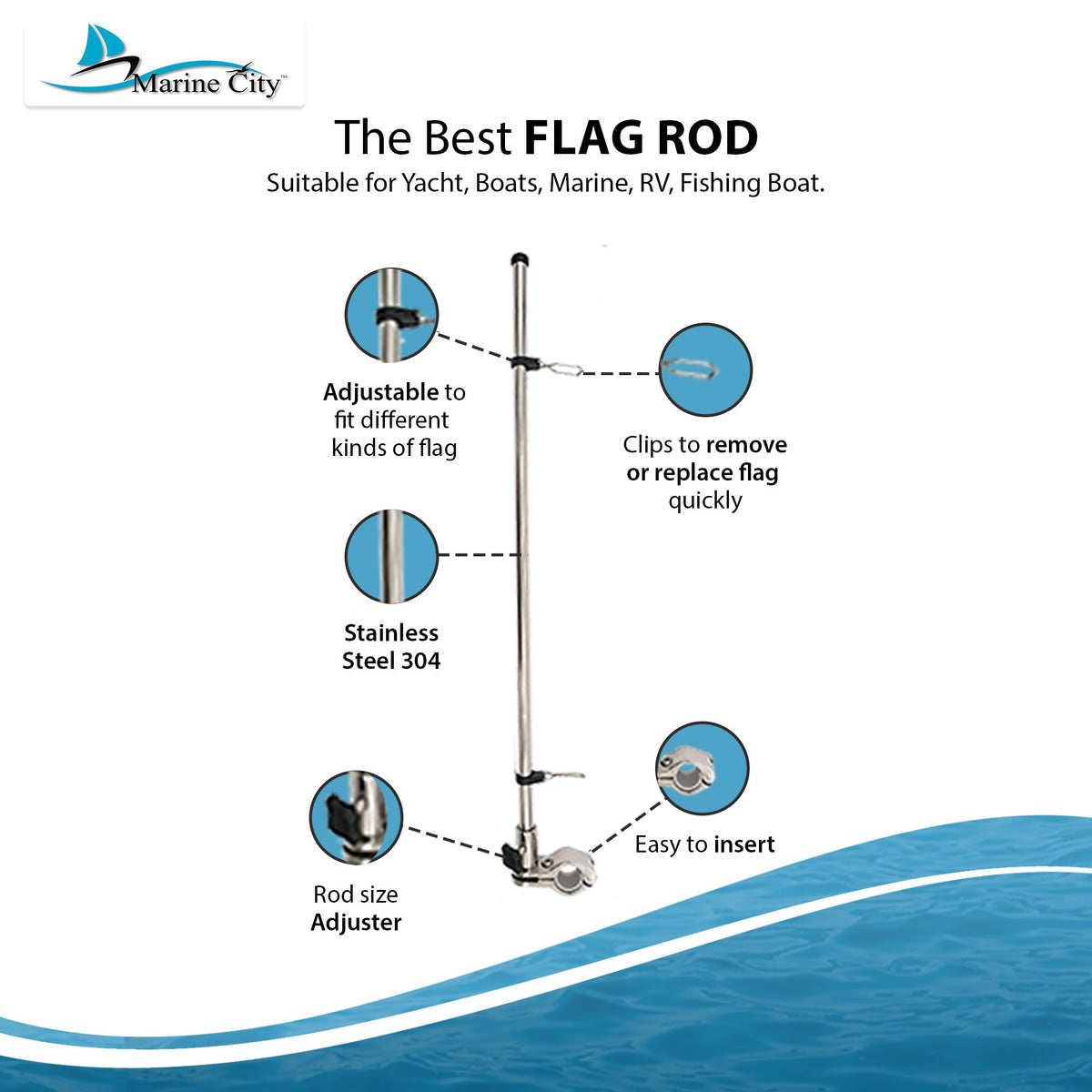 21 inch Stainless Steel Rail Mounted Flag Pole with US Flag N9740