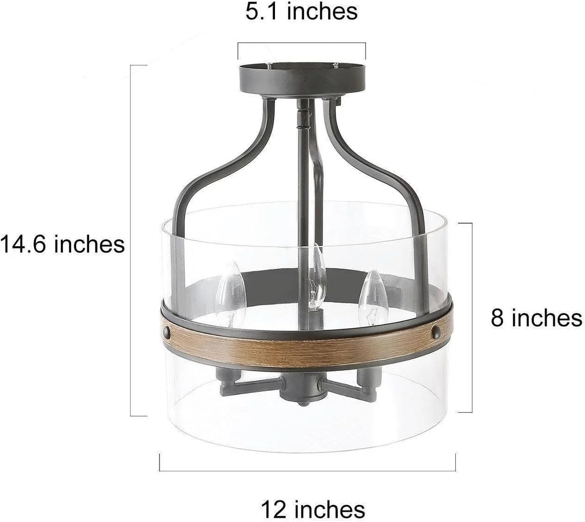 Semi Flush Mount Ceiling Light with Faux Wood & Clear Glass N90075