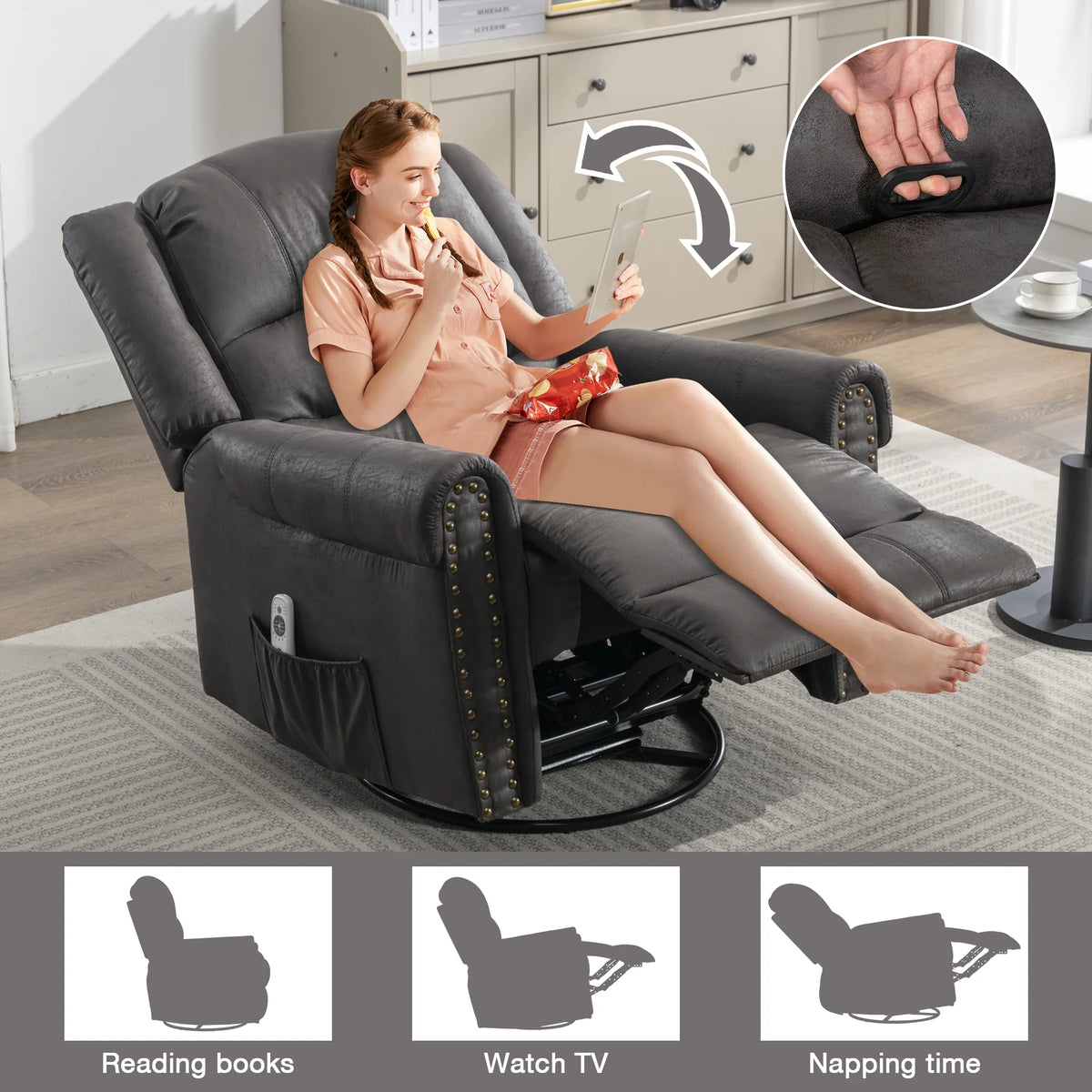 Gray PU Leather Swivel Recliner Chair with Massage and Heat Y7770