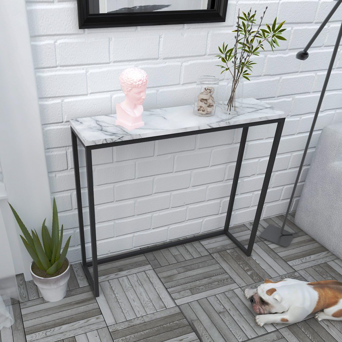 Black Faux Marble Console Table with Metal Frame D58943