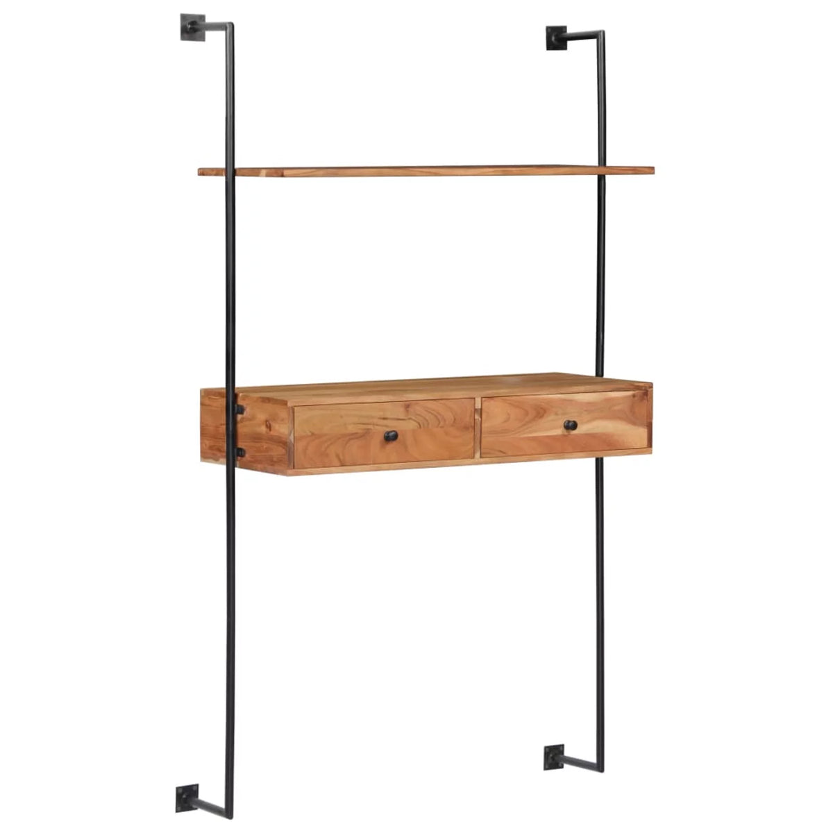 Wall Computer Desk with Storage Drawers and Book Shelf Acacia Wood Iron Frame Y472447