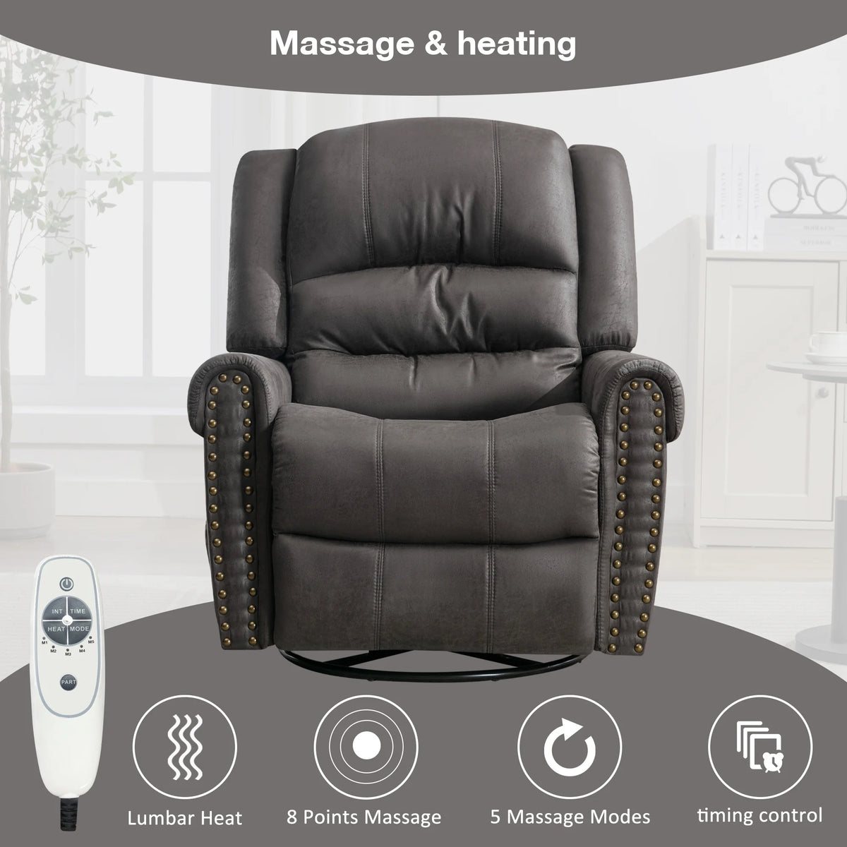 Gray PU Leather Swivel Recliner Chair with Massage and Heat Y7770