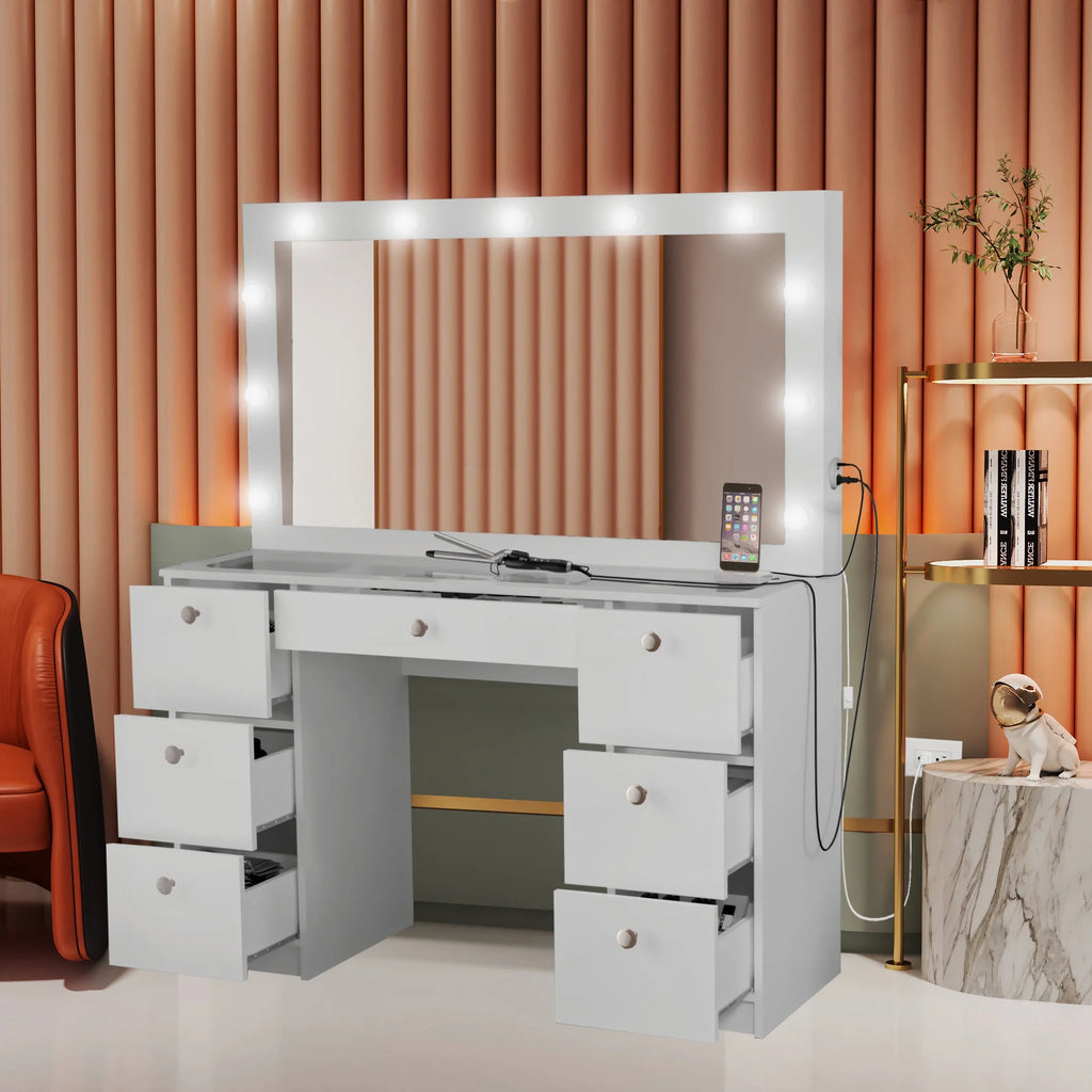 Modern Makeup Vanity Table Set with Mirror, 7 Drawers, White H790