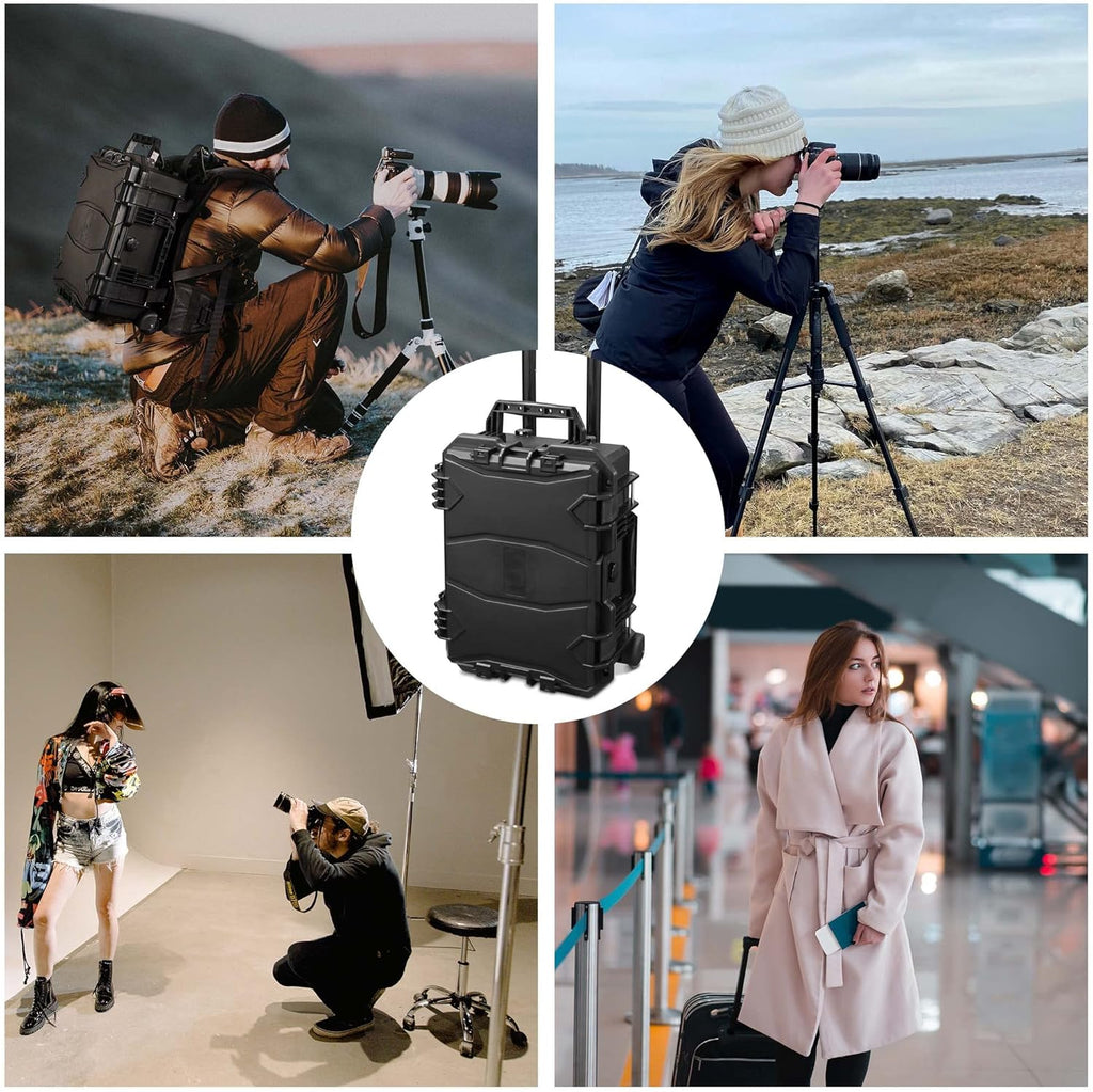 Black Rolling Waterproof Hard Camera Case with Wheels L681