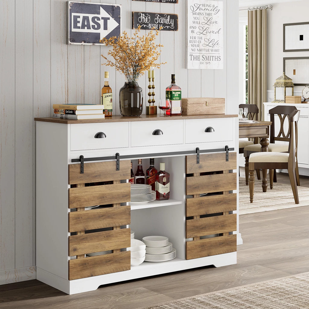White 3 Drawer Buffet Cabinet with Sliding Barn Doors Z86715
