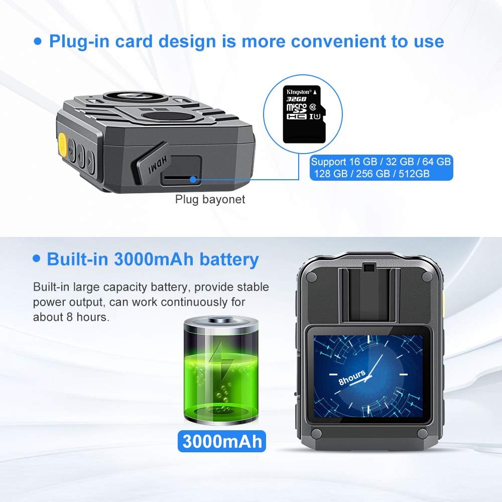 1296P HD Waterproof Body Camera with 2 Inch Display, IR Night Vision, 64GB Memory Y166